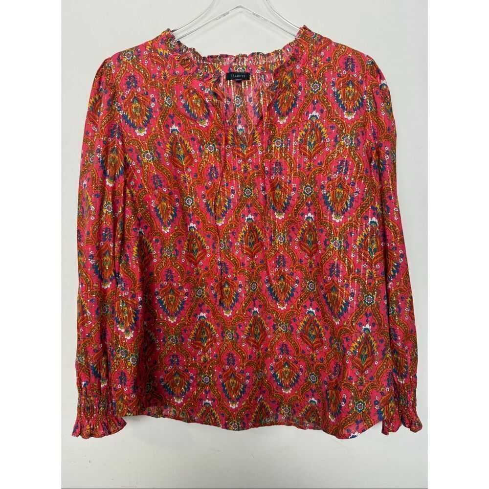 Talbots Ruffle Neck Boho Metallic Floral Lattice Peasant Blouse Size L Long Slee